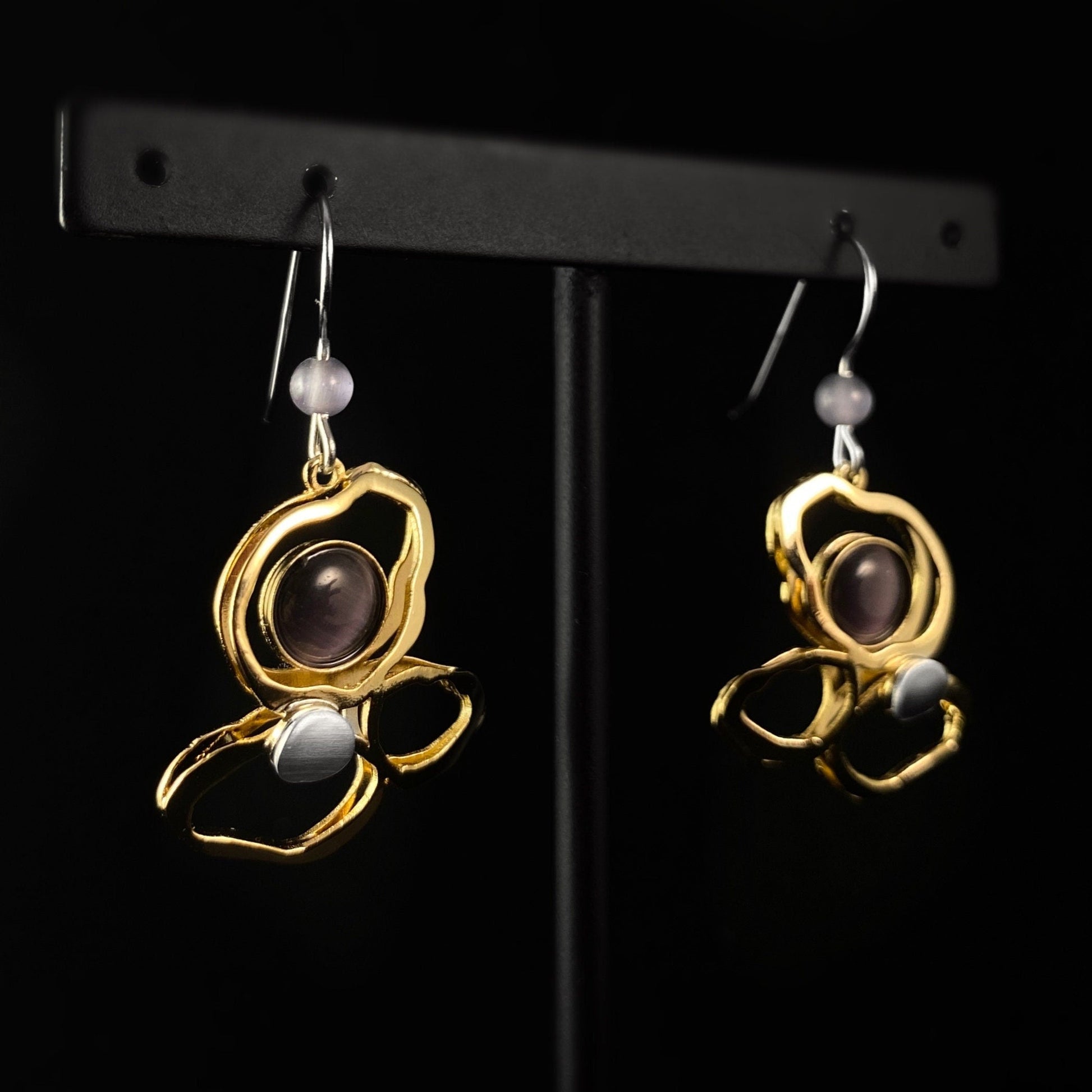 Lightweight Handmade Geometric Aluminum Earrings, Gold and Gray Clouds w/ Purple Stones