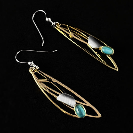 Lightweight Handmade Geometric Aluminum Earrings, Gold and Gray Firefly Wings w/ Blue Stones