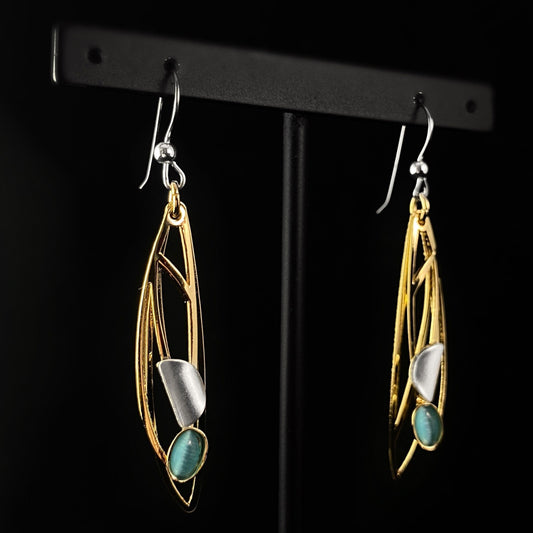 Lightweight Handmade Geometric Aluminum Earrings, Gold and Gray Firefly Wings w/ Blue Stones