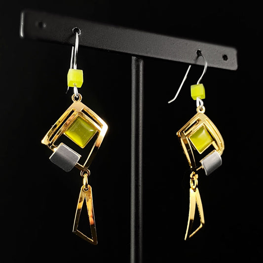 Lightweight Handmade Geometric Aluminum Earrings, Gold and Green Kite