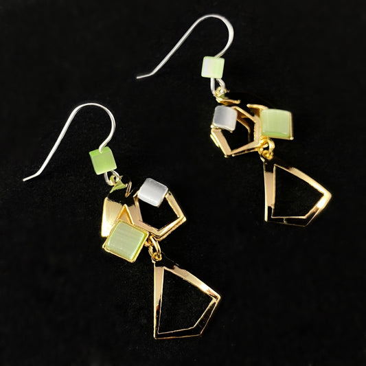 Lightweight Handmade Geometric Aluminum Earrings, Green/Gold Blocks