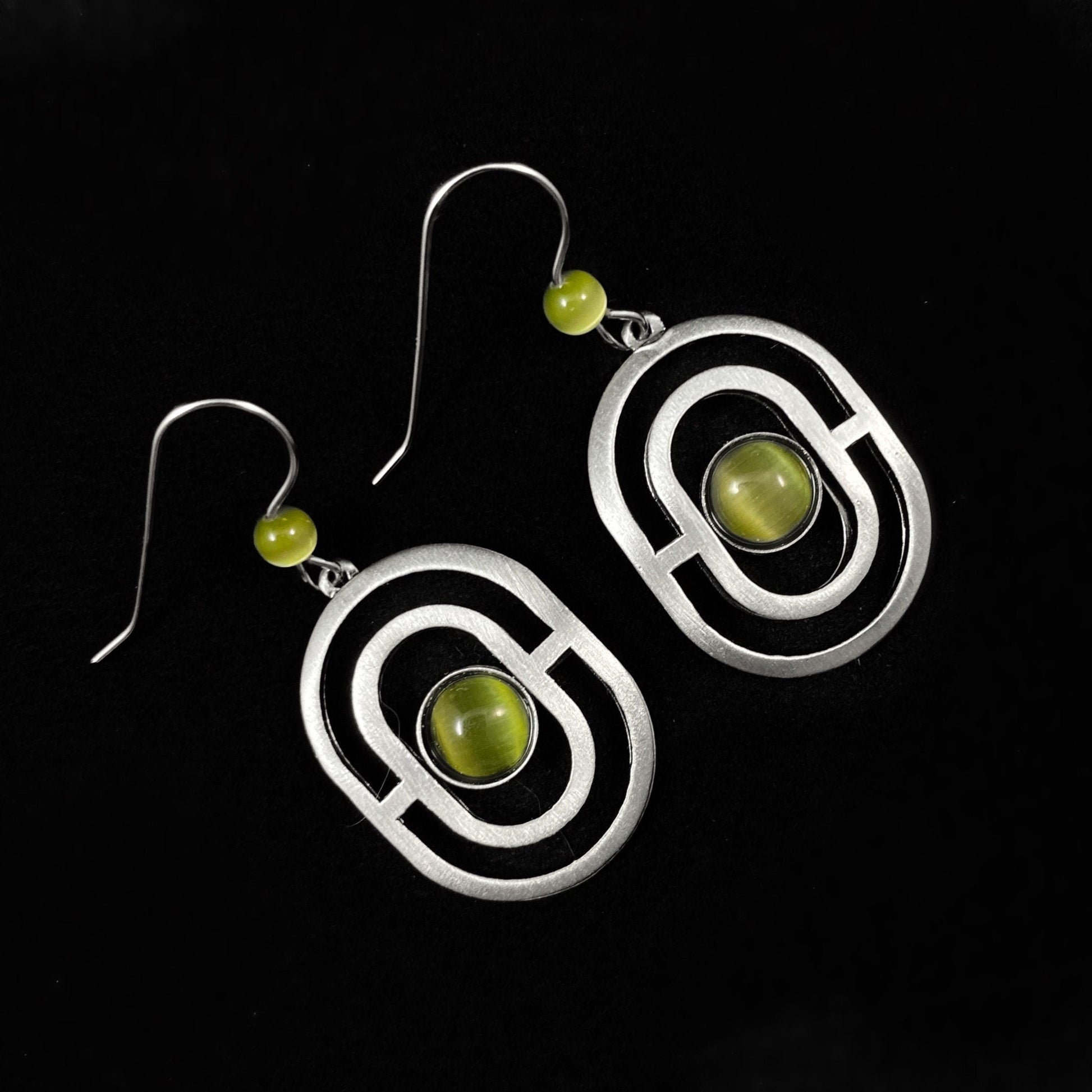 Lightweight Handmade Geometric Aluminum Earrings, Green Oval Maze