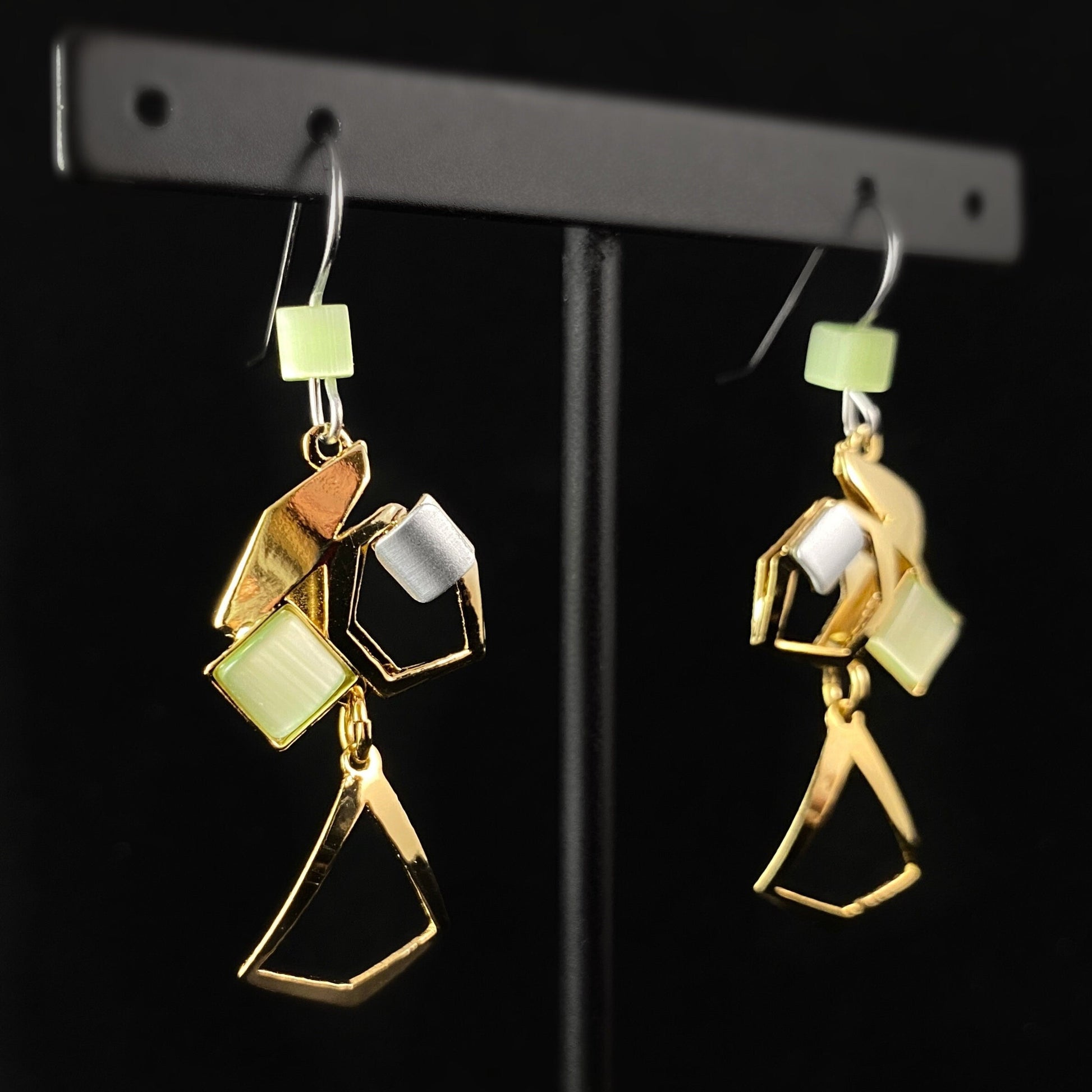 Lightweight Handmade Geometric Aluminum Earrings, Green/Gold Blocks