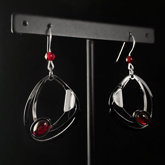 Lightweight Handmade Geometric Aluminum Earrings, Gunmetal and Red Abstract Ovals