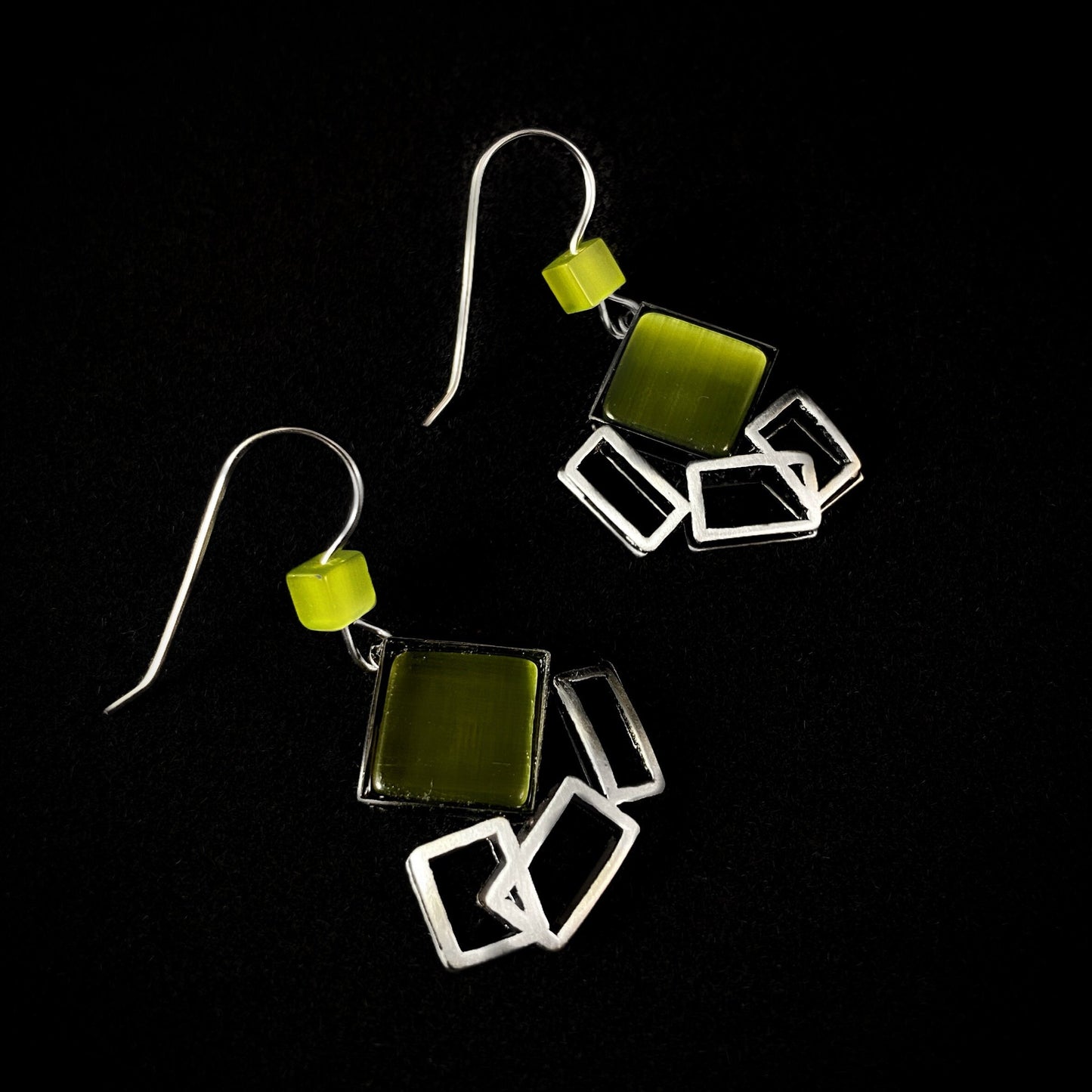 Lightweight Handmade Geometric Aluminum Earrings, Gunmetal/Green Square Dance