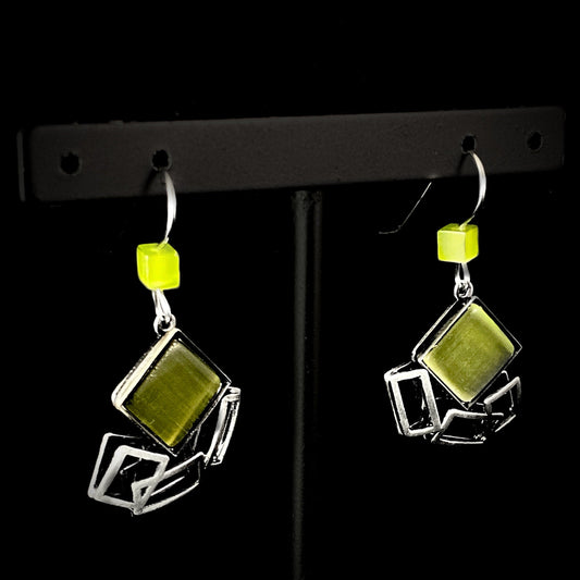 Lightweight Handmade Geometric Aluminum Earrings, Gunmetal/Green Square Dance