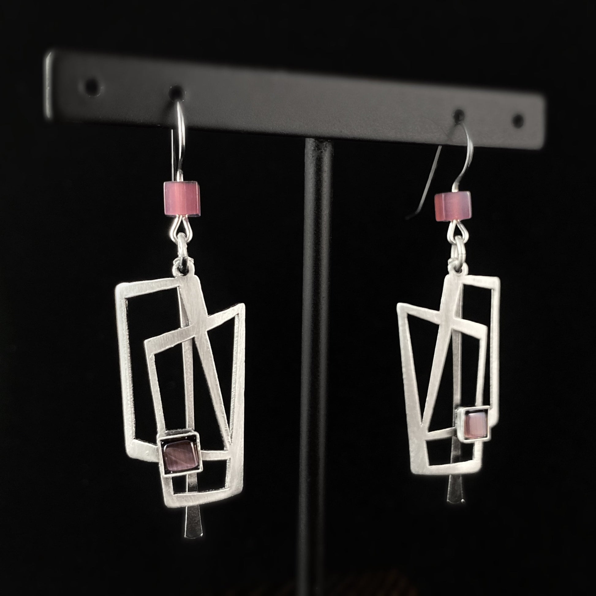 Lightweight Handmade Geometric Aluminum Earrings, Purple and Silver Rectangles