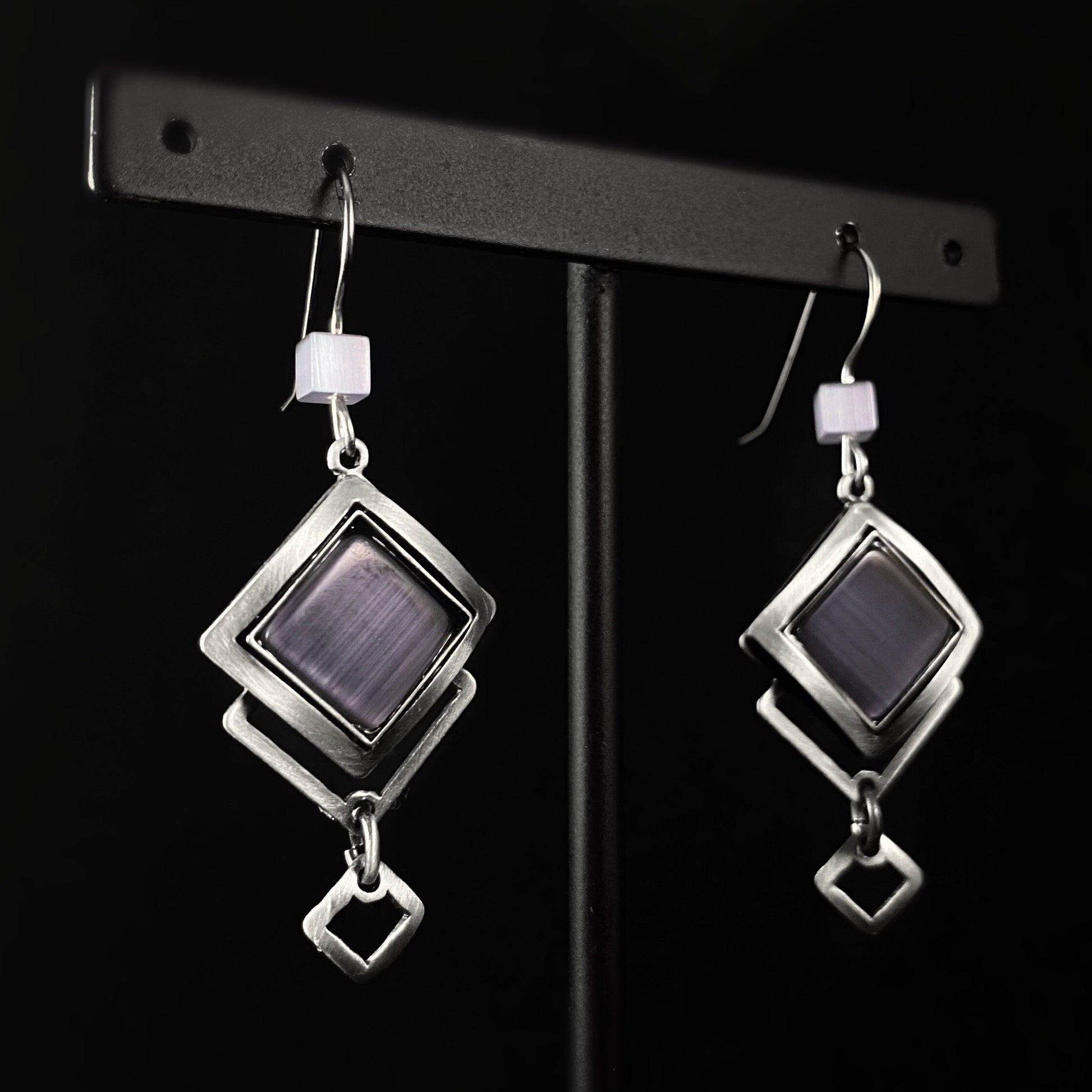 Lightweight Handmade Geometric Aluminum Earrings, Purple/Silver Echoed Squares