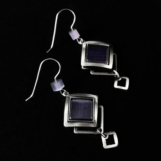 Lightweight Handmade Geometric Aluminum Earrings, Purple/Silver Echoed Squares