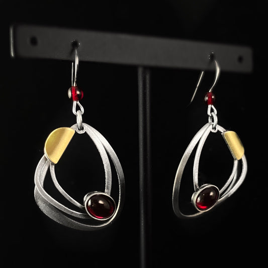 Lightweight Handmade Geometric Aluminum Earrings, Red and Silver Ovals w/ Gold Accent