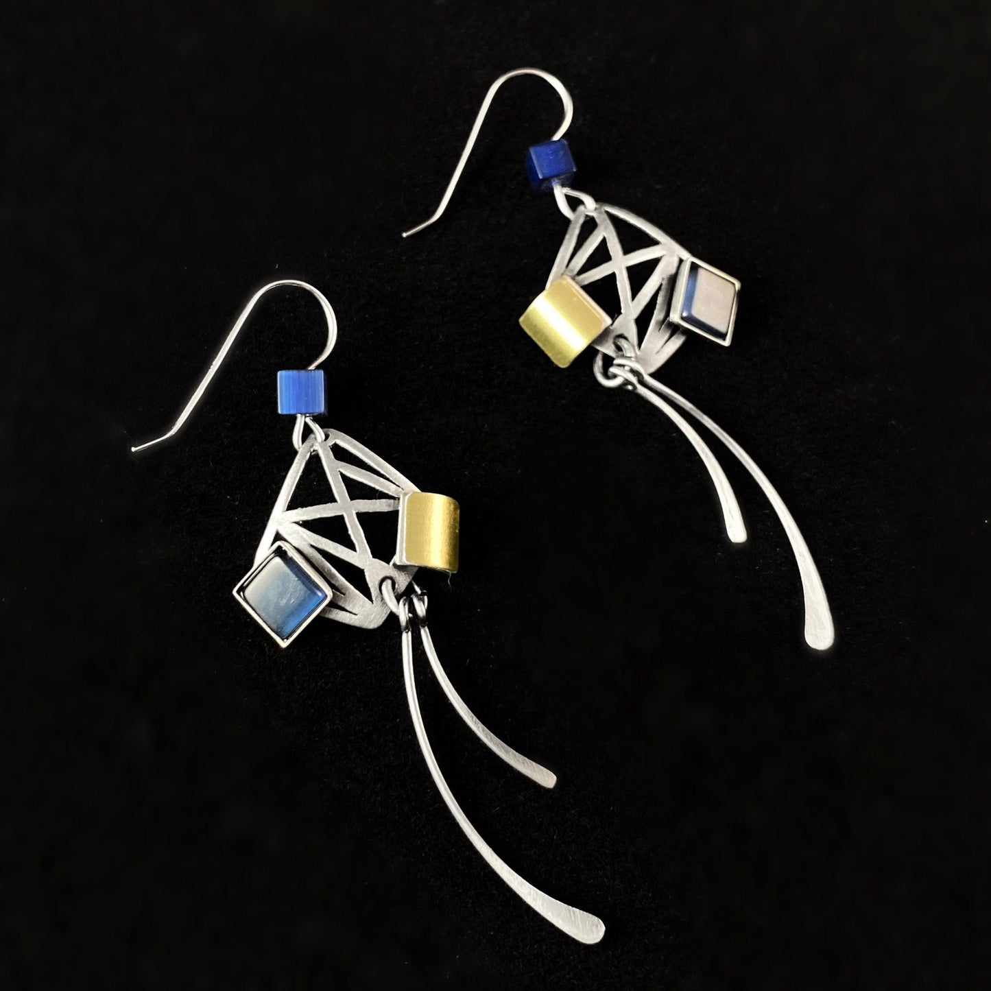 Lightweight Handmade Geometric Aluminum Earrings, Silver and Blue Dangle