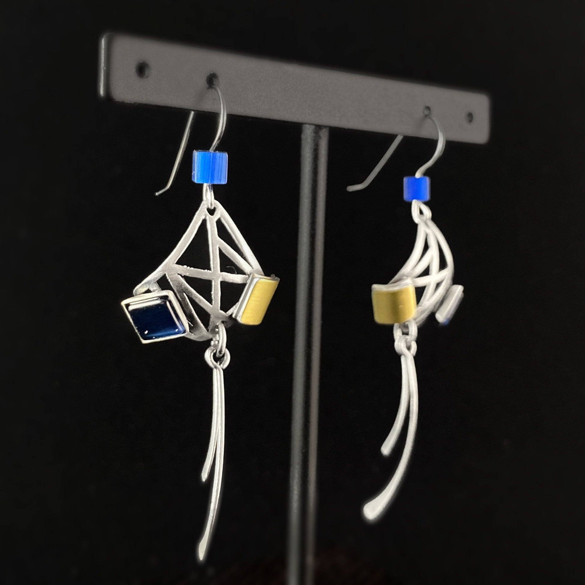 Lightweight Handmade Geometric Aluminum Earrings, Silver and Blue Dangle