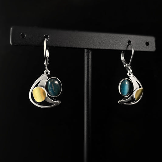Lightweight Handmade Geometric Aluminum Earrings, Silver and Dark Blue Moon
