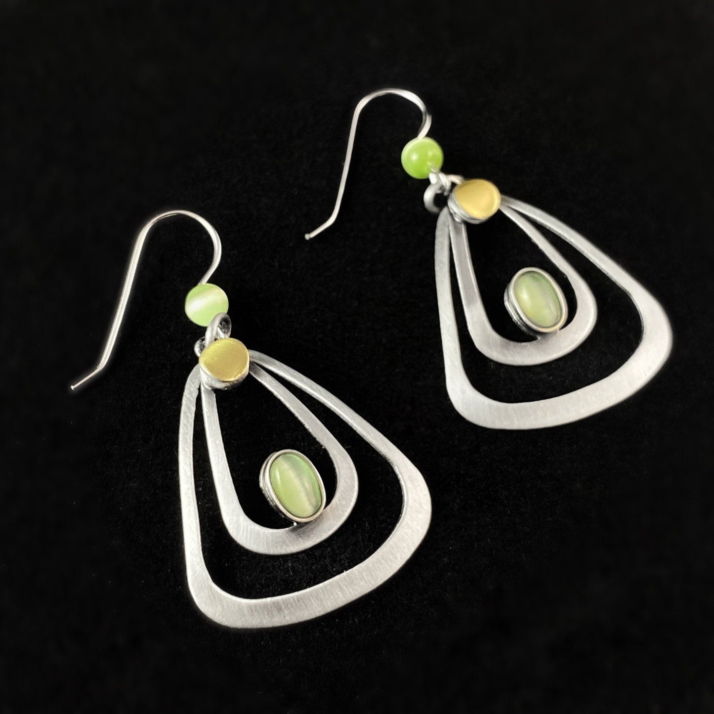 Lightweight Handmade Geometric Aluminum Earrings, Silver and Green Triangles