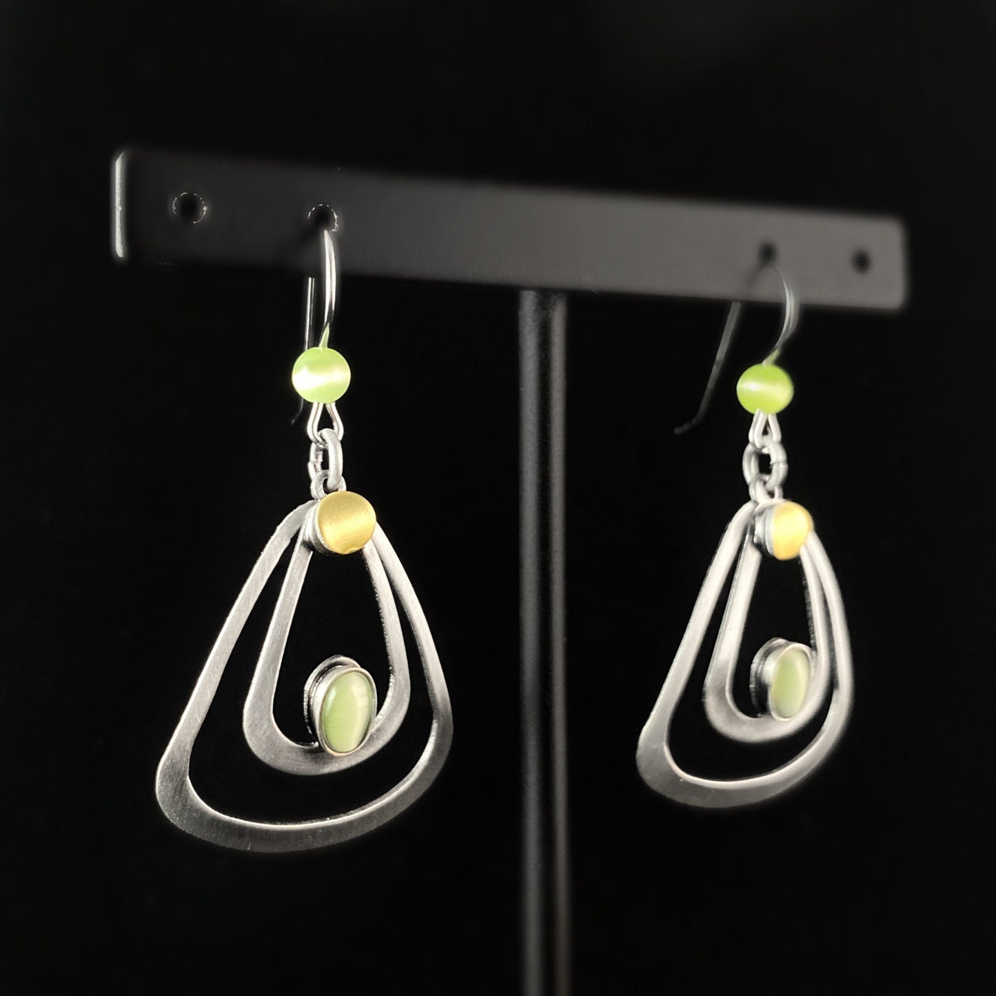 Lightweight Handmade Geometric Aluminum Earrings, Silver and Green Triangles