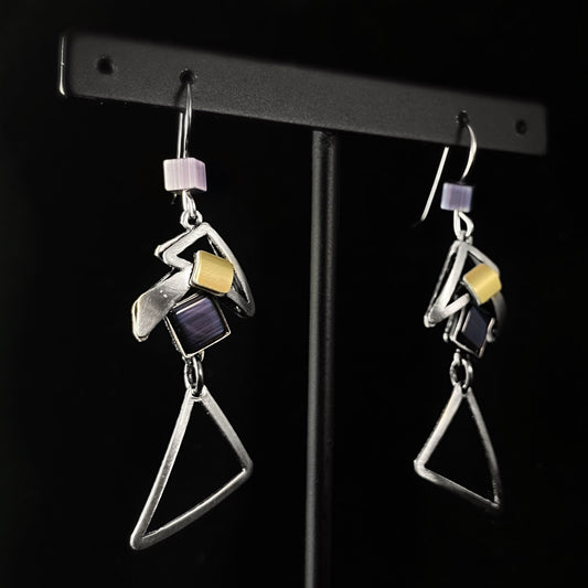 Lightweight Handmade Geometric Aluminum Earrings, Silver and Purple Double Triangles