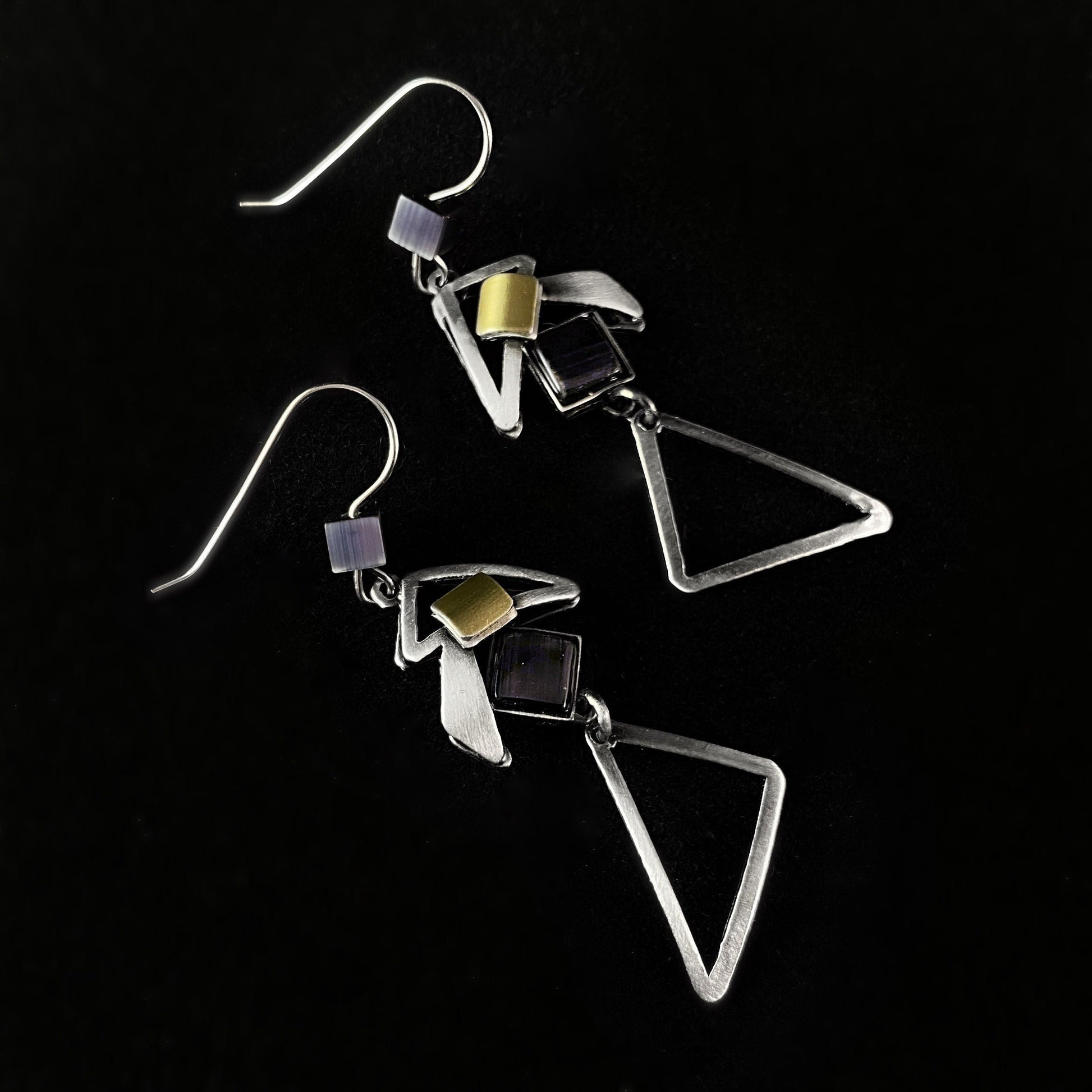 Lightweight Handmade Geometric Aluminum Earrings, Silver and Purple Double Triangles