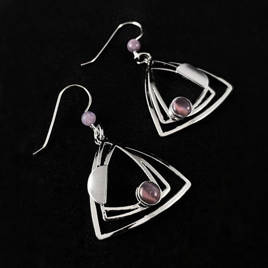 Lightweight Handmade Geometric Aluminum Earrings, Silver and Purple Triple Triangle
