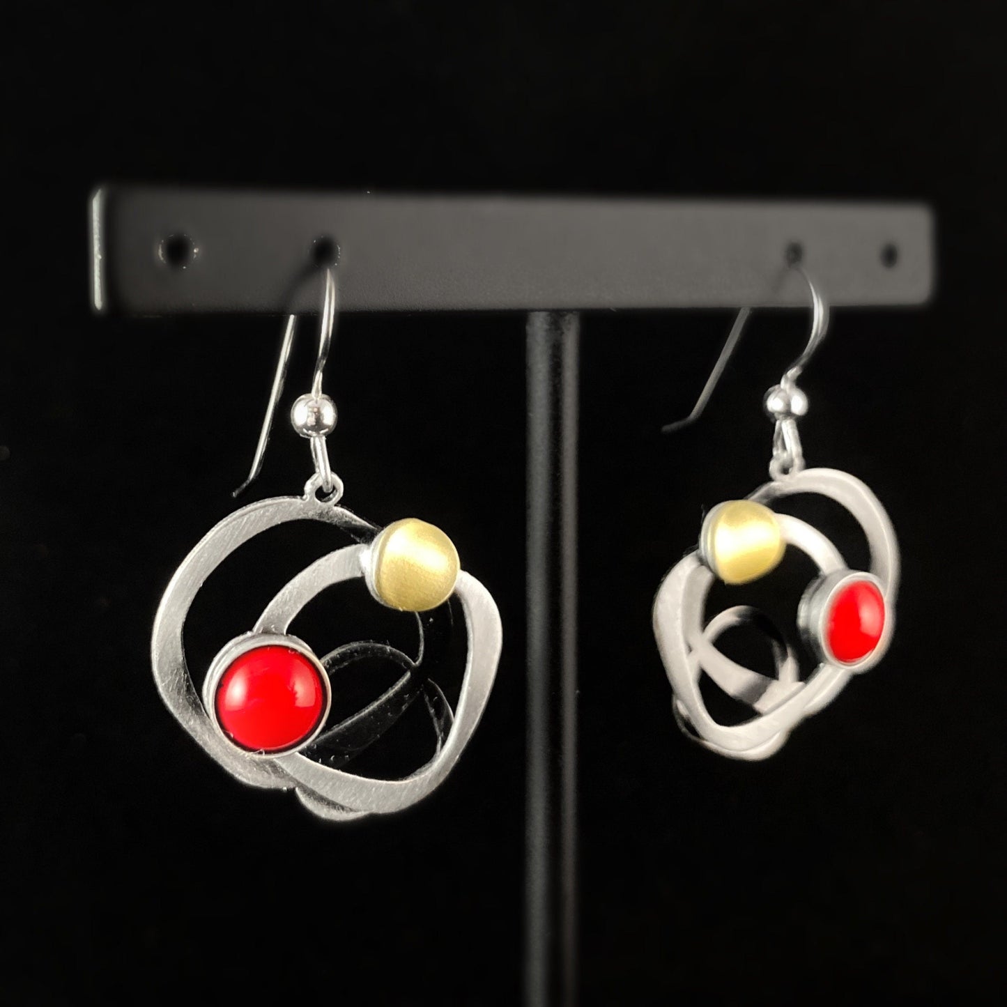 Lightweight Handmade Geometric Aluminum Earrings, Silver and Red Circles
