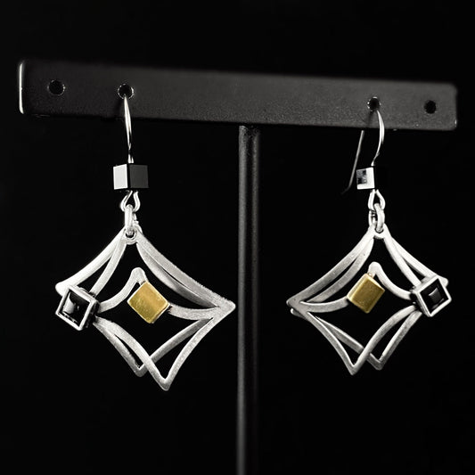 Lightweight Handmade Geometric Aluminum Earrings, Silver/Black Cottage Window