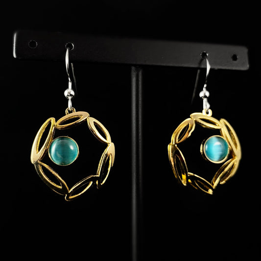 Lightweight Handmade Geometric Aluminum Earrings, Teal/Gold Wreath