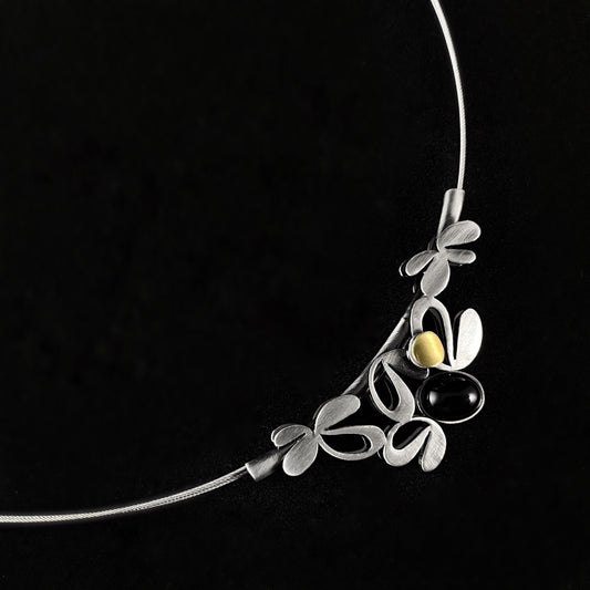 Lightweight Handmade Geometric Aluminum Necklace, Black and Silver Abstract Floral