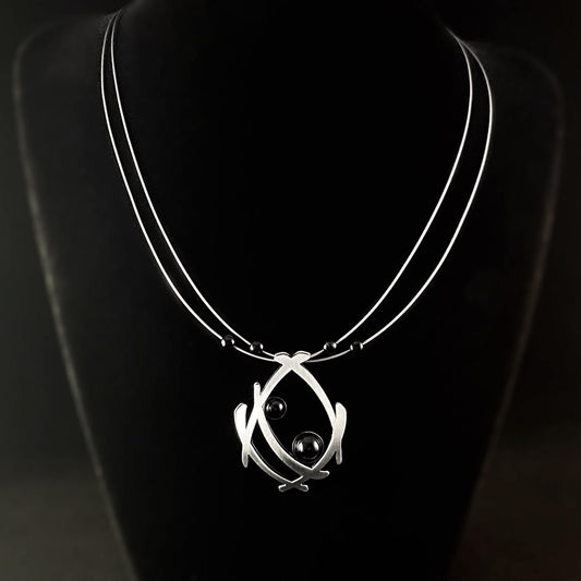 Lightweight Handmade Geometric Aluminum Necklace, Black/Silver Brushstrokes