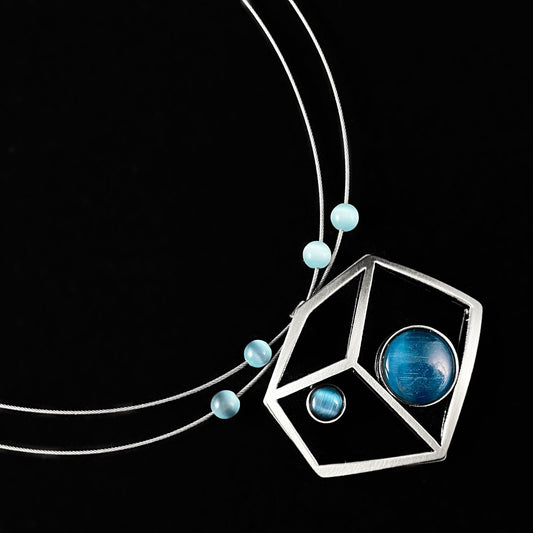 Lightweight Handmade Geometric Aluminum Necklace, Blue/Silver Cubist