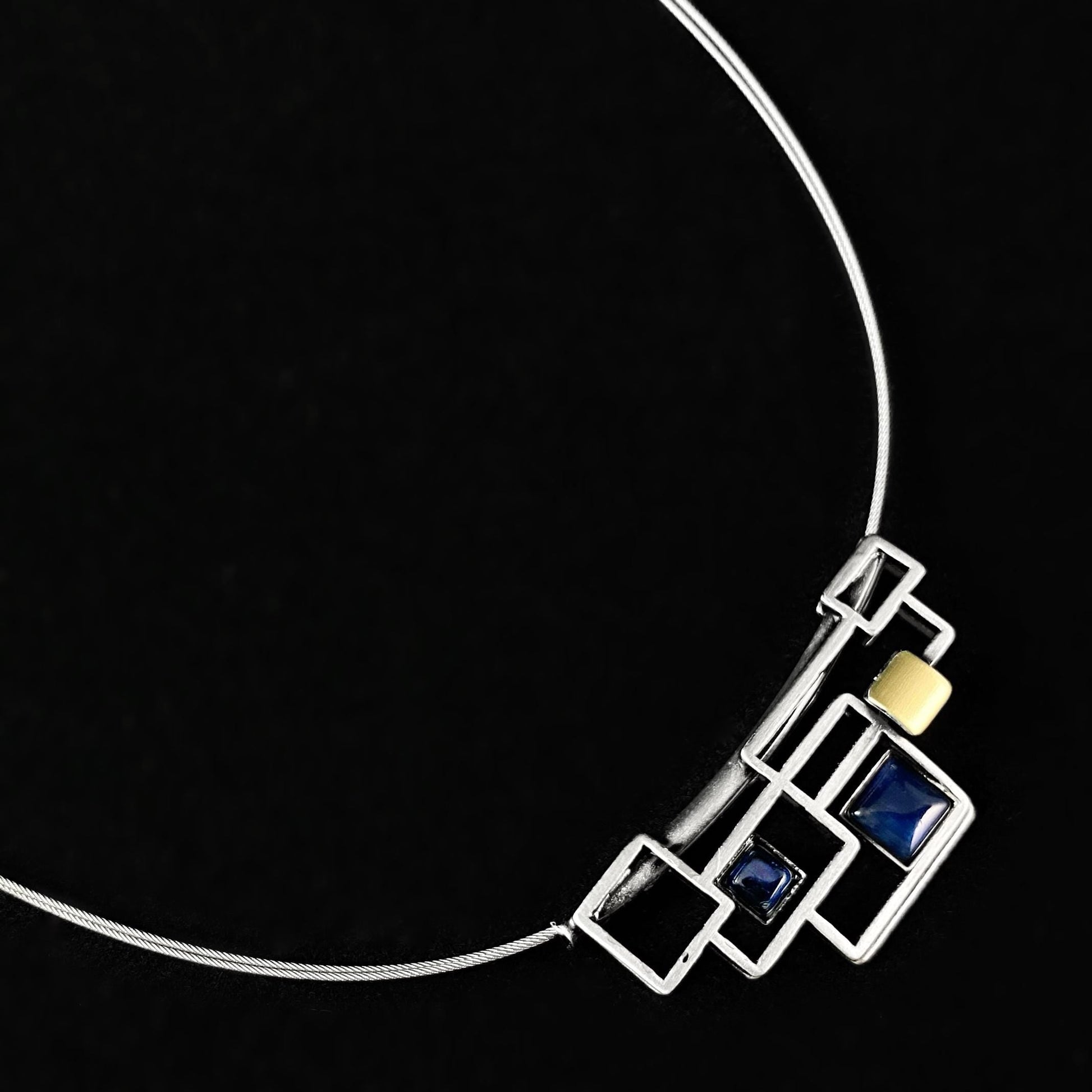 Lightweight Handmade Geometric Aluminum Necklace, Blue/Silver, Layered Boxes