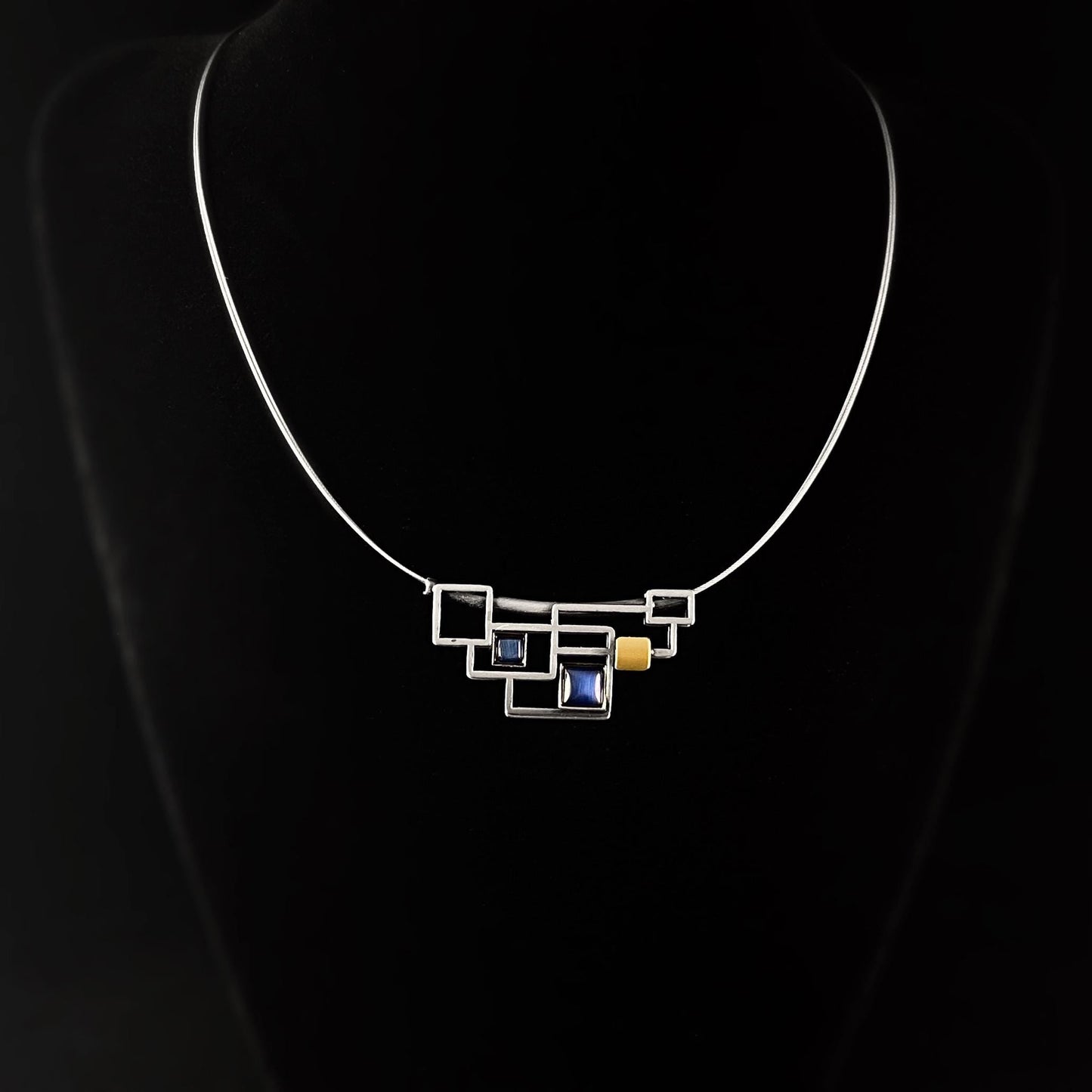 Lightweight Handmade Geometric Aluminum Necklace, Blue/Silver, Layered Boxes