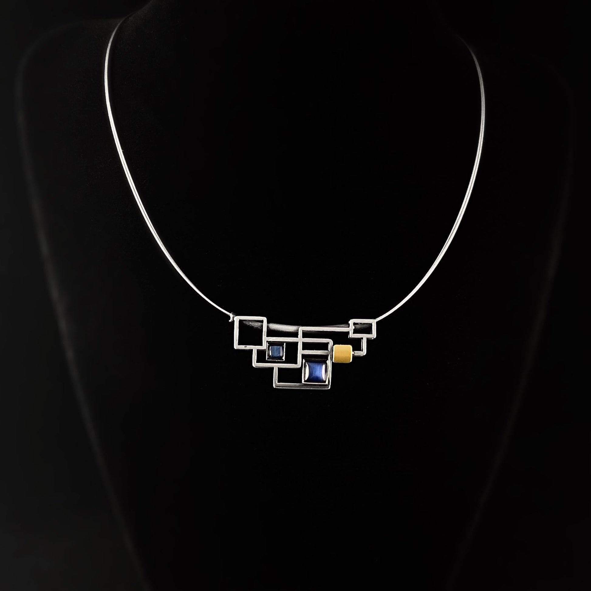 Lightweight Handmade Geometric Aluminum Necklace, Blue/Silver, Layered Boxes