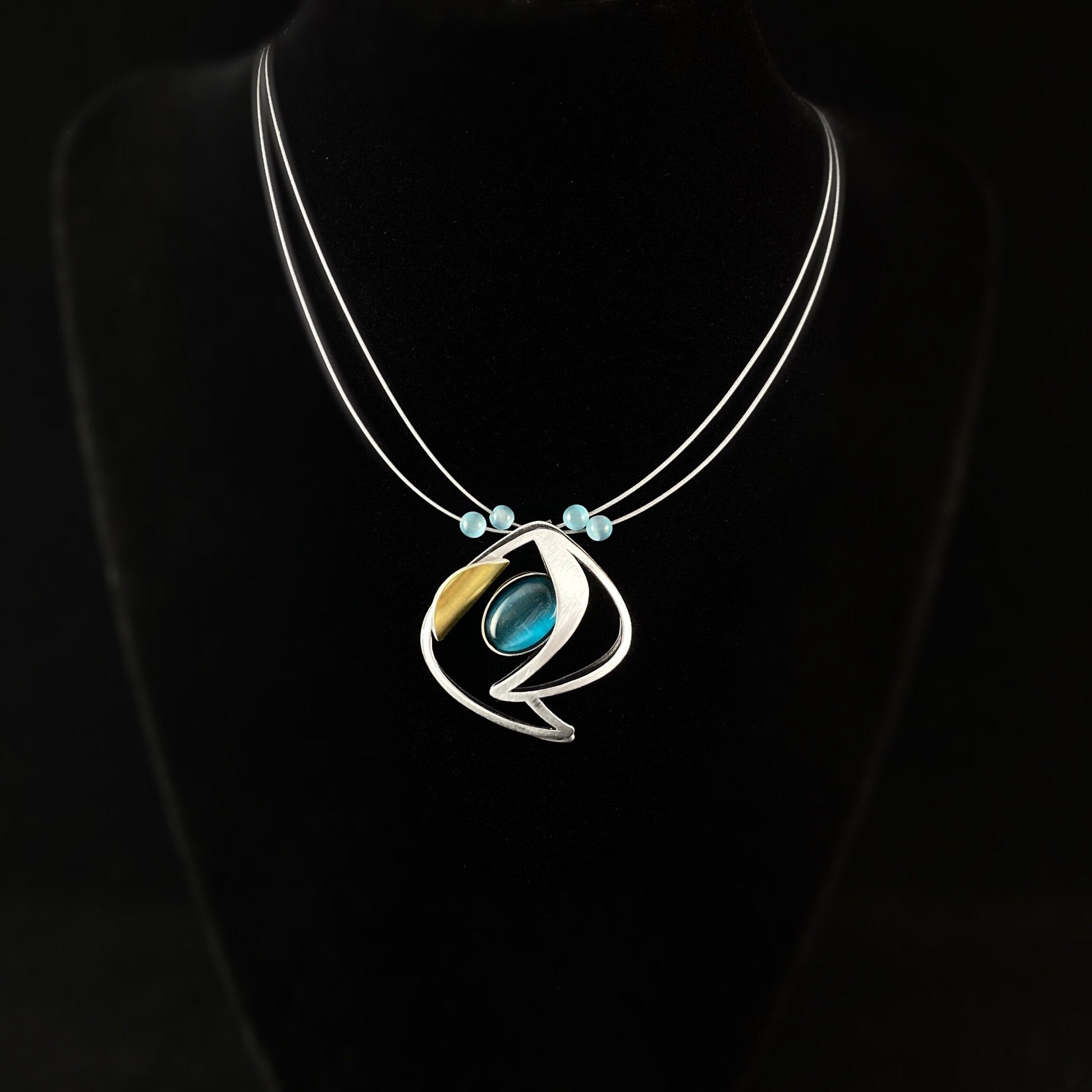 Lightweight Handmade Geometric Aluminum Necklace, Dark Blue and Gold Swoop