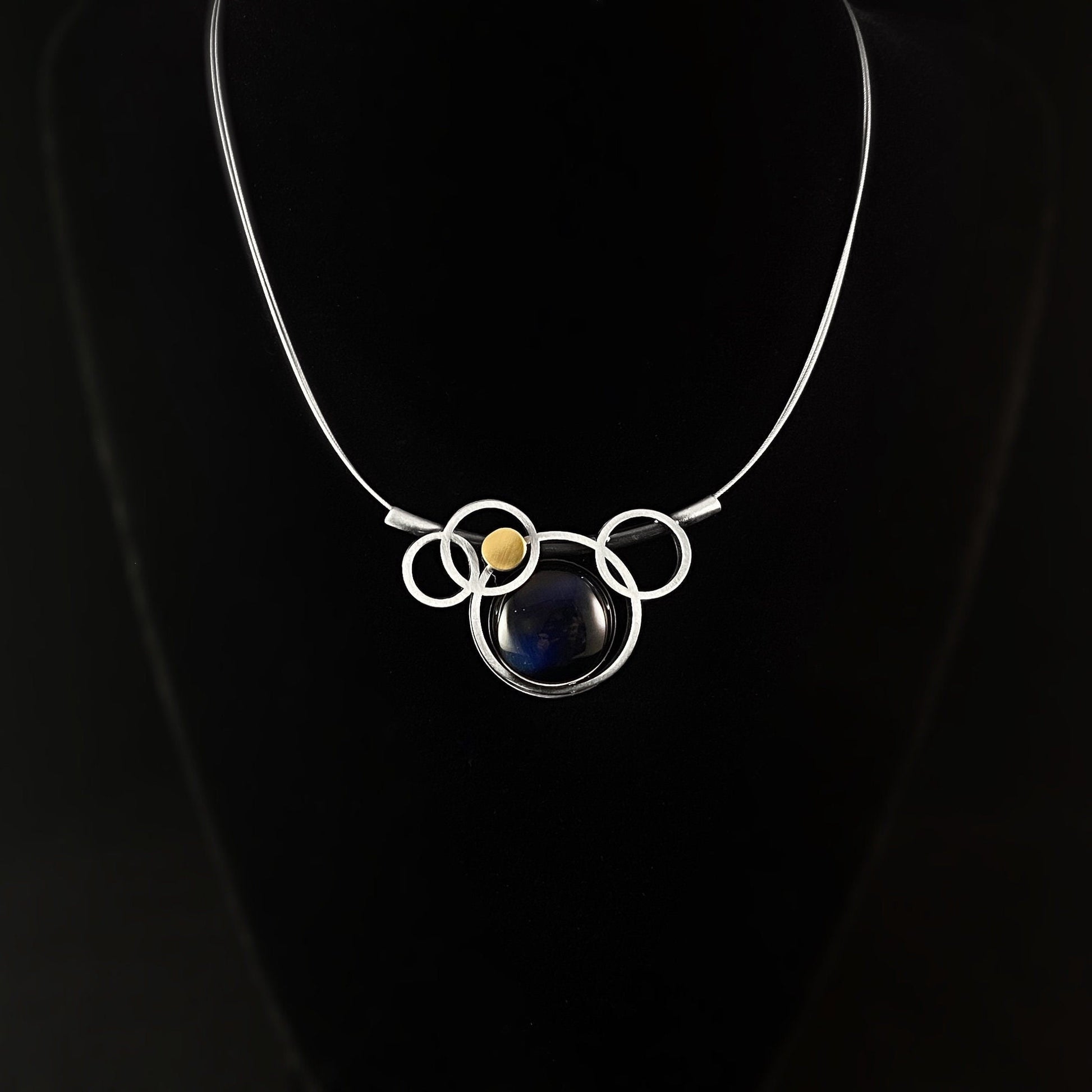 Lightweight Handmade Geometric Aluminum Necklace, Dark Blue Stone and Gray Bubbles