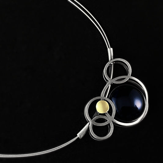 Lightweight Handmade Geometric Aluminum Necklace, Dark Blue Stone and Gray Bubbles