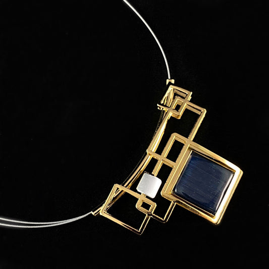 Lightweight Handmade Geometric Aluminum Necklace, Gold and Blue Squares