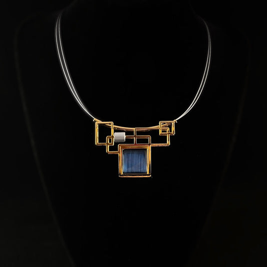Lightweight Handmade Geometric Aluminum Necklace, Gold and Blue Squares