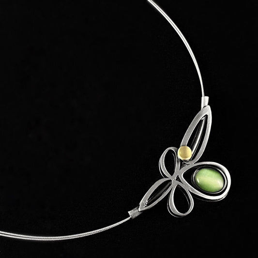 Lightweight Handmade Geometric Aluminum Necklace, Gray Ovals Green Stones