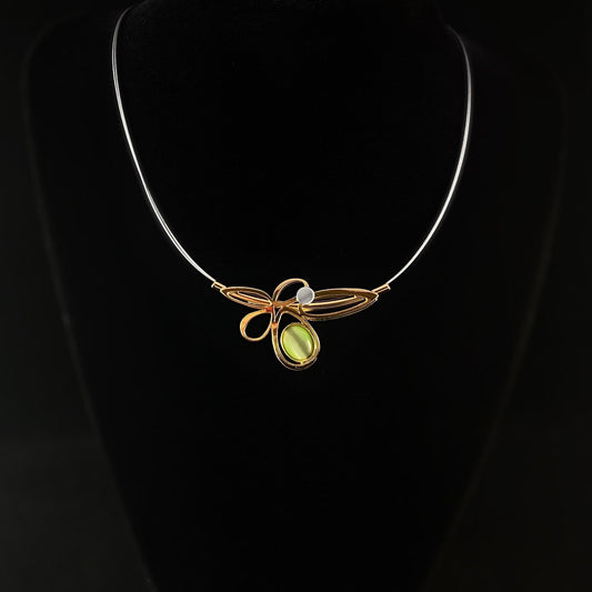 Lightweight Handmade Geometric Aluminum Necklace, Green and Gold Ovals