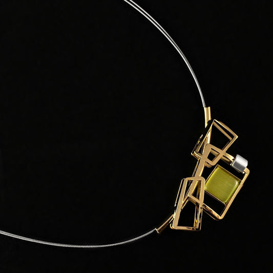 Lightweight Handmade Geometric Aluminum Necklace, Green and Gold Rectangles