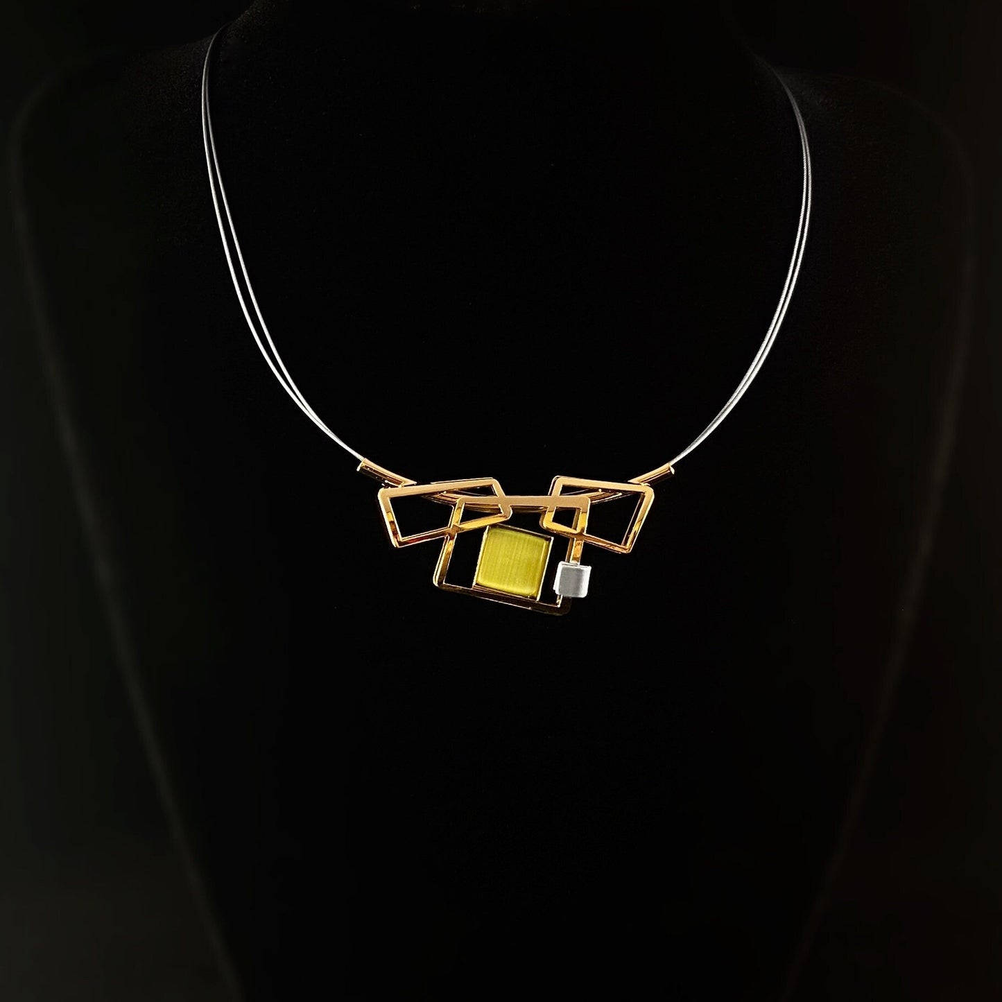 Lightweight Handmade Geometric Aluminum Necklace, Green and Gold Rectangles