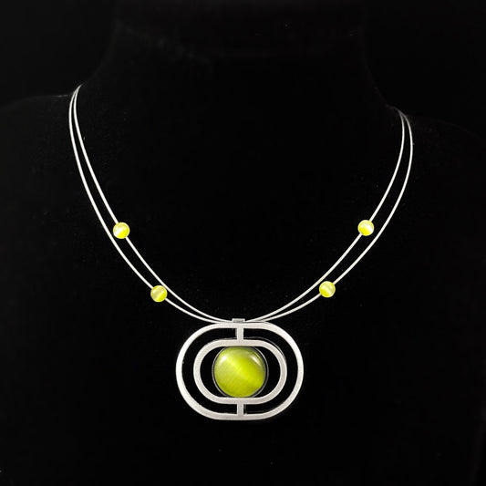 Lightweight Handmade Geometric Aluminum Necklace, Green Oval Maze