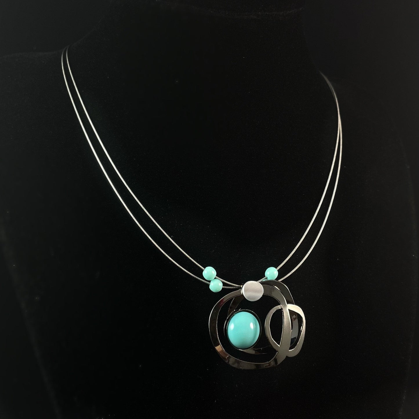 Lightweight Handmade Geometric Aluminum Necklace, Gunmetal and Aqua Blue