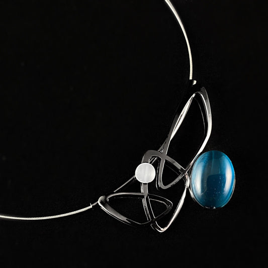 Lightweight Handmade Geometric Aluminum Necklace, Gunmetal and Blue Shapes