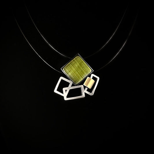 Lightweight Handmade Geometric Aluminum Necklace, Gunmetal/Green Square Dance
