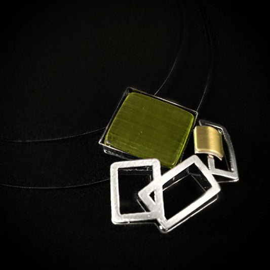 Lightweight Handmade Geometric Aluminum Necklace, Gunmetal/Green Square Dance
