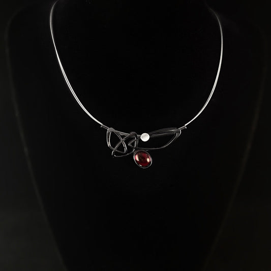 Lightweight Handmade Geometric Aluminum Necklace, Red and Gunmetal Ovals