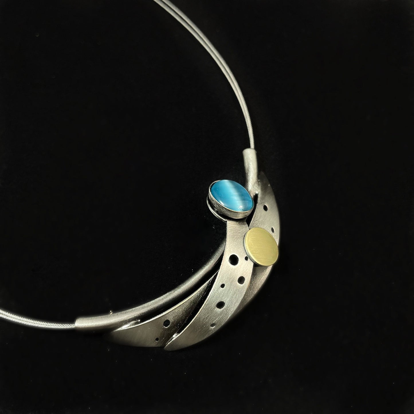 Lightweight Handmade Geometric Aluminum Necklace, Silver and Aqua Blue