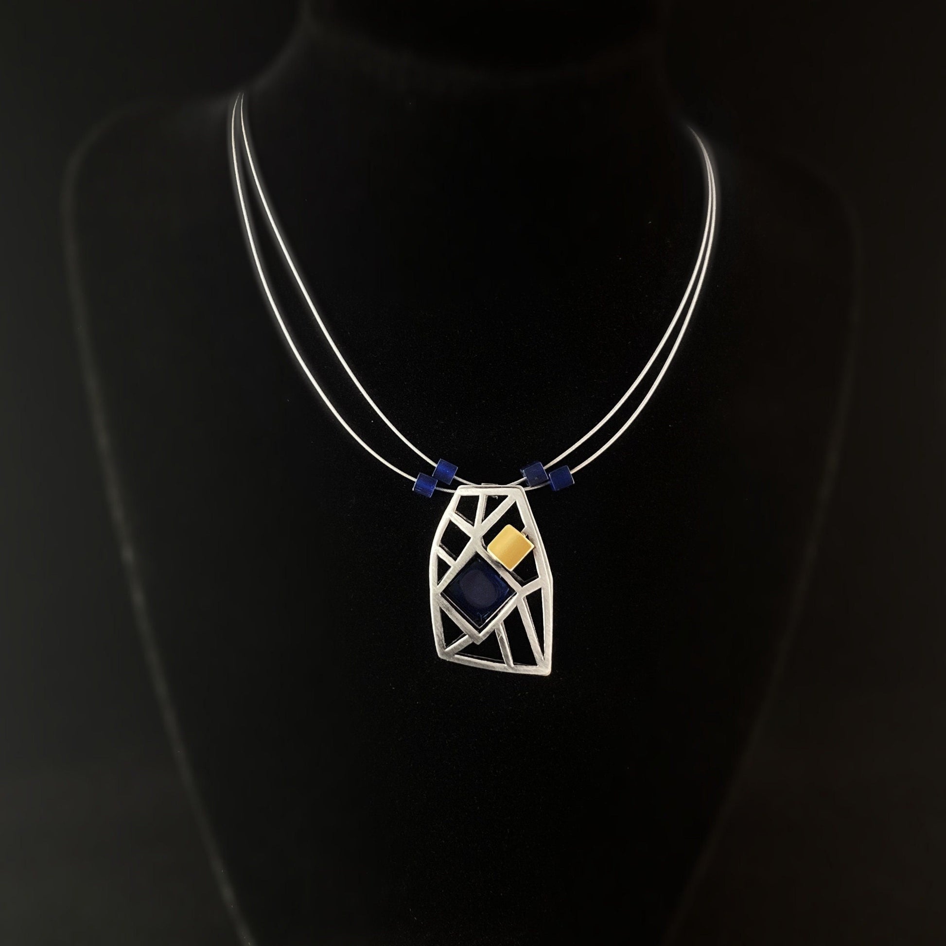 Lightweight Handmade Geometric Aluminum Necklace, Silver and Black Rectangle