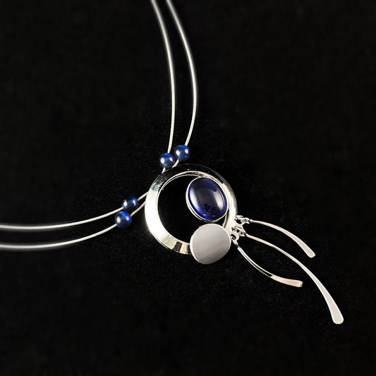 Lightweight Handmade Geometric Aluminum Necklace, Silver and Blue Dangle