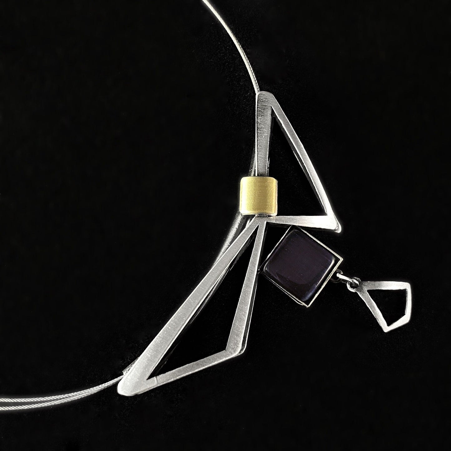 Lightweight Handmade Geometric Aluminum Necklace, Silver and Purple Double Triangle